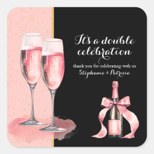 Sticker Carré C'est une double fête Champagne Rose Anniversaire