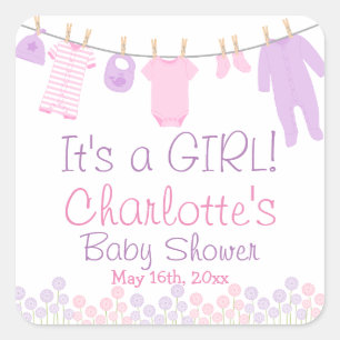 Sticker Carré C'est UNE FILLE ! Lil Vêtements Baby shower rose e