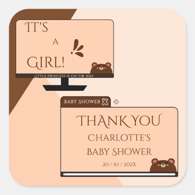 Sticker Carré C'est une fille ! Ours mignon sur écran d'ordinate (Devant)