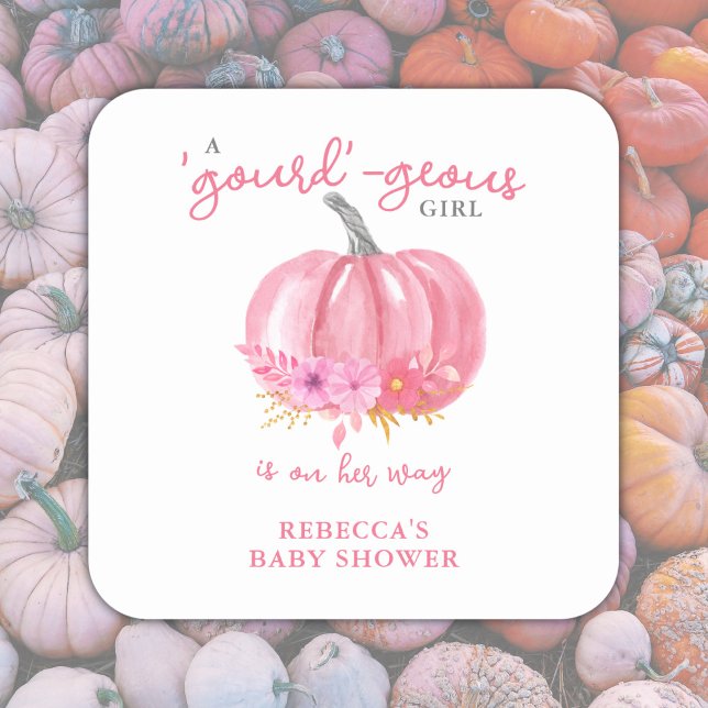 Sticker Carré C'est une fille s'amuser Pun rose Citrouille Baby  (Add your name / edit text to customize.)