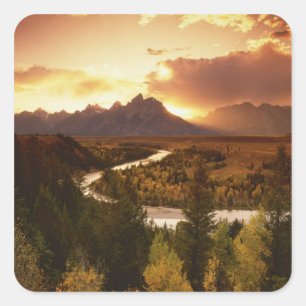 Sticker Carré Chaîne Teton au coucher du soleil, depuis la riviè