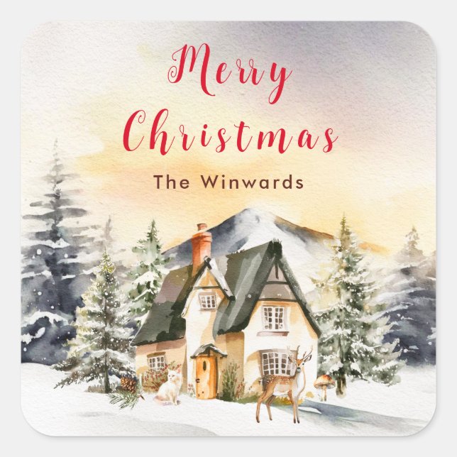 Sticker Carré Chalet de vacances de Noël Joyeux Noël (Devant)
