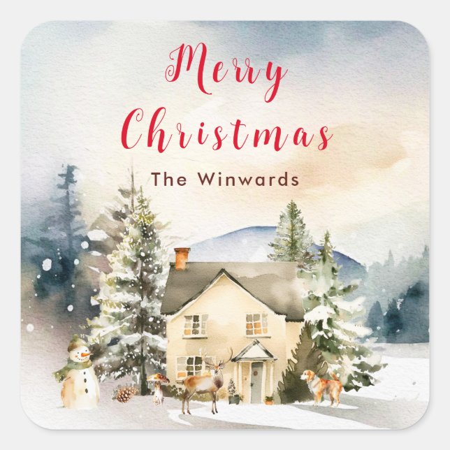 Sticker Carré Chalet de vacances d'hiver Joyeux Noël (Devant)