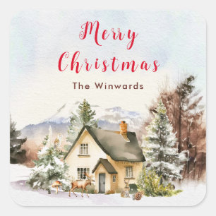 Sticker Carré Chalet de vacances d'hiver Joyeux Noël