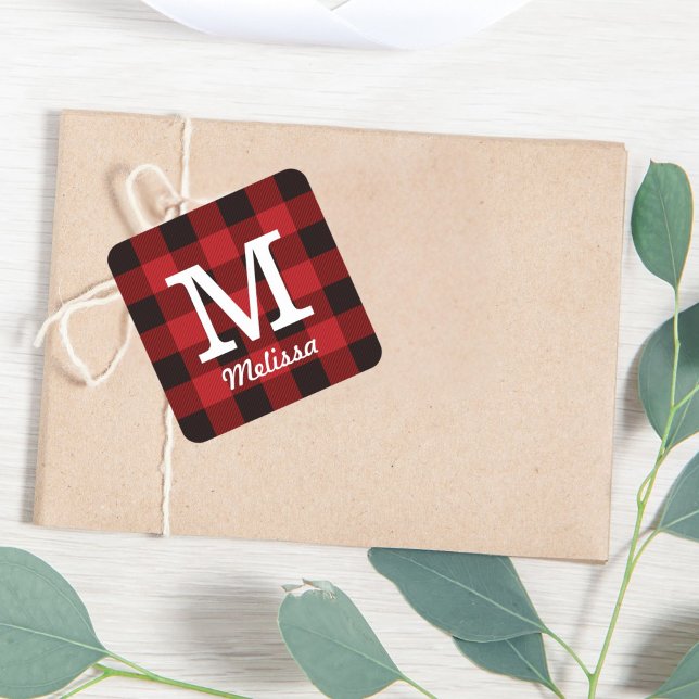 Sticker Carré Chalet primitif Bison rouge Boeuf plat (Primitive Cottage Red buffalo Plaid lumberjack Square Sticker)