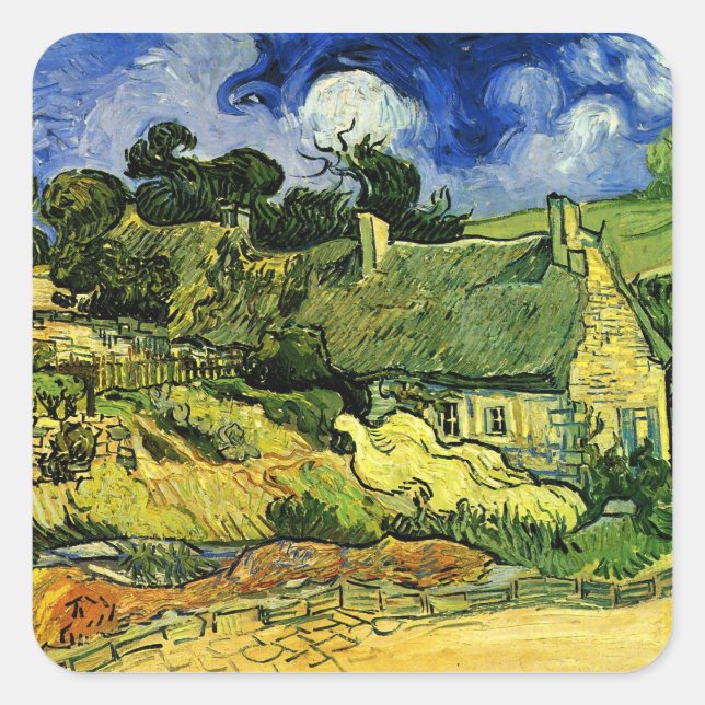 Sticker Carré Chalets à chaume, Cordeville par Vincent van Gogh (Devant)
