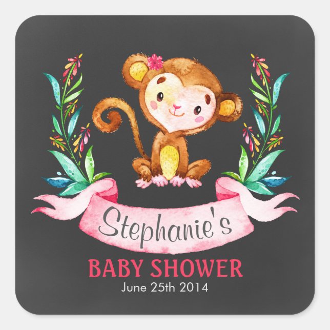 Sticker Carré Chalkboard Aquarelle Singe Baby shower Fille (Devant)