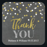 Sticker Carré Chalkboard Gold Confetti Wedding Favor Tags<br><div class="desc">Mariage merci vous préférez les étiquettes autocollants en arrière - plan de tableau rustique avec l'or,  argent et blanc effet de parties scintillant confetti et écriture de style manuel. (veuillez noter que la parties scintillant est imprimée seulement) Une excellente façon de décorer les faveurs de mariage.</div>