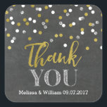 Sticker Carré Chalkboard Gold Confetti Wedding Favor Tags<br><div class="desc">Mariage merci vous préférez les étiquettes autocollants en arrière - plan de tableau rustique avec l'or,  argent et blanc effet de parties scintillant confetti et écriture de style manuel. (veuillez noter que la parties scintillant est imprimée seulement) Une excellente façon de décorer les faveurs de mariage.</div>
