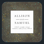 Sticker Carré Chalkboard Gold Silver Star Mariage Adresse de ret<br><div class="desc">Un beau modèle sombre pour la do-it-yourself mariée. L'arrière - plan de l'étiquette d'adresse de retour affiche les étoiles et les constellations faites à la main. Le texte simple et minimaliste commence par vos noms dans toutes les capitales. Votre adresse est en italique et mixe casquette et non casquette sur...</div>