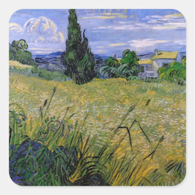 Sticker Carré Champ de blé vert avec Cypress par Van Gogh. (Devant)