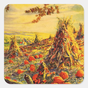 Sticker Carré Champ de citrouilles vintage Halloween avec meules