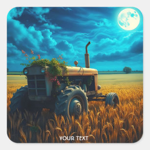 Sticker Carré Champ de lune du tracteur mignon Imaginaire