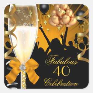 Sticker Carré Champagne 40 ans & Fabuleux Or Noir Anniversaire
