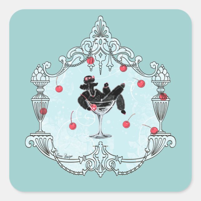 Sticker Carré Champagne de caniche noir dans cerises (Devant)