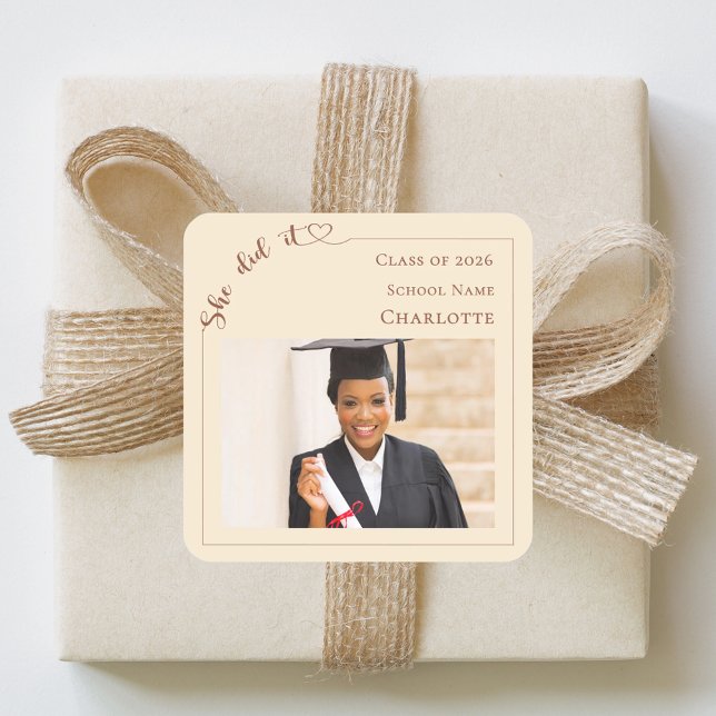 Sticker Carré Champagne photo She did it Graduate  (Créateur téléchargé)