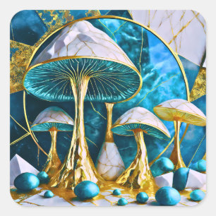 Sticker Carré Champignons en géométrique surréaliste bleu et or