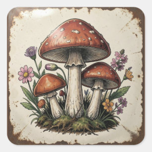 Sticker Carré Champignons et Fleurs Rétro Vibes Vintage