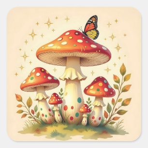Sticker Carré Champignons Rétro et Papillon   Couleurs Vintage