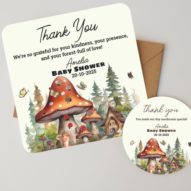 Sticker Carré Champignons rustiques Bois Baby shower Merci (thank you mushroom baby shower label stickers)