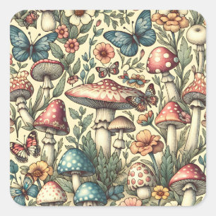 Sticker Carré Champignons vintages, Fleurs, Papillons Whimsical