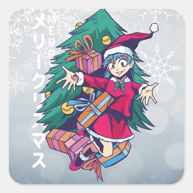 Sticker Carré Chandail de Noël Anime - Bonne fille avec le chape (Devant)