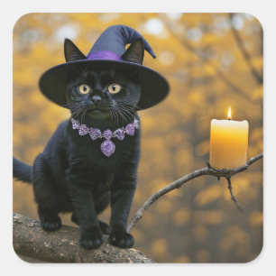 Sticker Carré Chandelle Mystique Chat Noir et Chapeau de Sorcièr