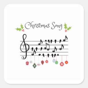 Sticker Carré Chanson de Noël Notes de Musique Oiseaux et Houx