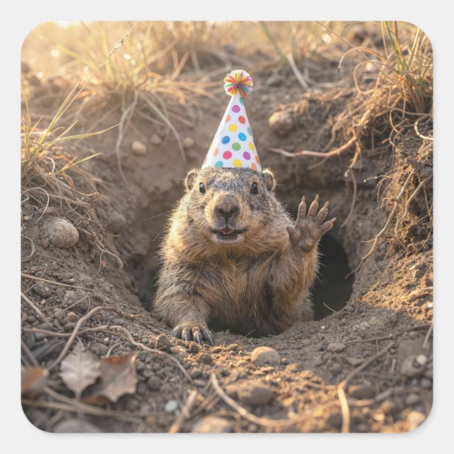 Sticker Carré Chapeau d'anniversaire de marmotte (Devant)