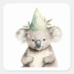 Sticker Carré Chapeau de fête d'anniversaire Koala