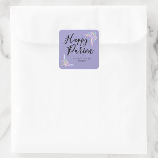 Sticker Carré Chapeau de fête néon violet de Pourim avec nom pou