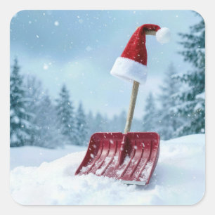 Sticker Carré Chapeau de Noël de Santa sur une pelle à neige rou