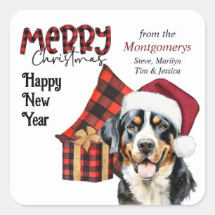 Sticker Carré Chapeau de Père Noël à carreaux de bison Chien de