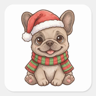 Sticker Carré Chapeau de Père Noël Frenchie Écharpe de Noël Auto