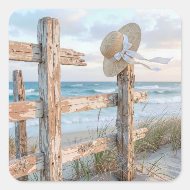 Sticker Carré Chapeau de soleil sur une clôture de plage (Devant)