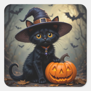 Sticker Carré Chapeau de sorcière citrouille chaton noir Hallowe