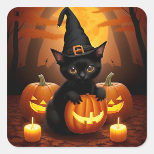 Sticker Carré Chapeau de sorcière de chaton noir Citrouilles d'H