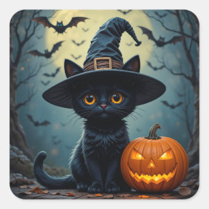 Sticker Carré Chapeau de sorcière de citrouille de chaton noir m