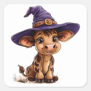 Sticker Carré Chapeau de sorcière de veau bébé adorable mignon f