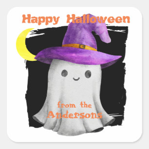 Sticker Carré Chapeau de Sorcière Fantôme Heureux Enfants Hallow