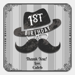 Sticker Carré Chapeau Lunettes Moustache Hipster Fête des 1 an