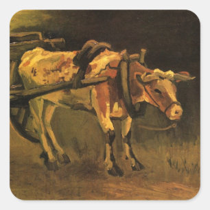 Sticker Carré Chariot avec bœuf rouge et blanc par Vincent van G