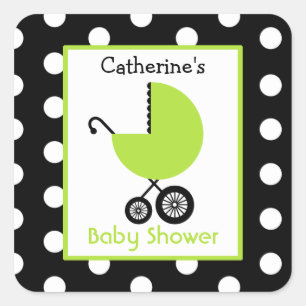 Sticker Carré Chariot et pois verts de baby shower