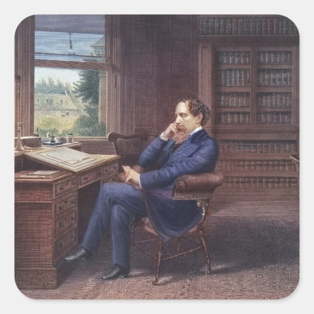 Sticker Carré Charles Dickens dans son étude (Devant)