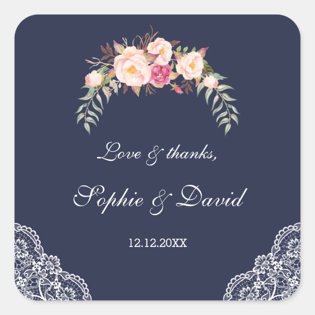 Sticker Carré Charm Blush rose Fleurs dentelle Mariage Marine (Devant)