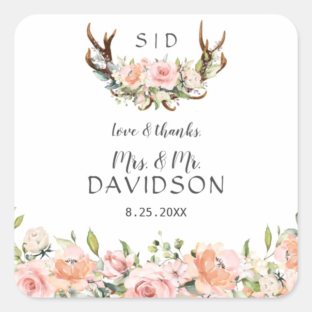 Sticker Carré Charm rose Fleurs rousses Antlers Mariage Monogram (Devant)