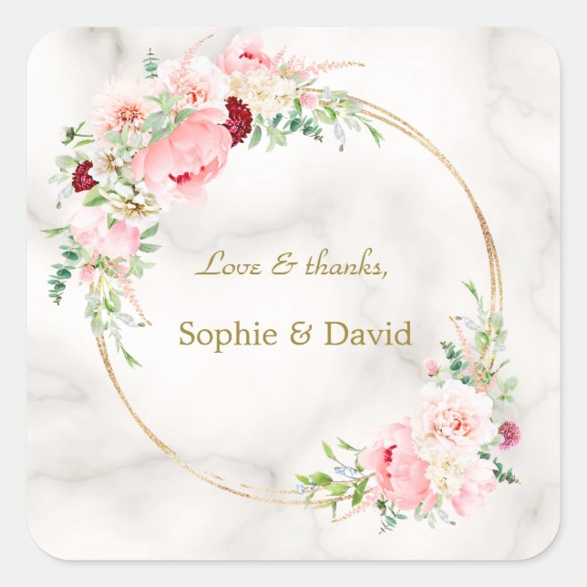 Sticker Carré Charm Spring Watercolor Peonies Bloom Gold Mariage (Devant)