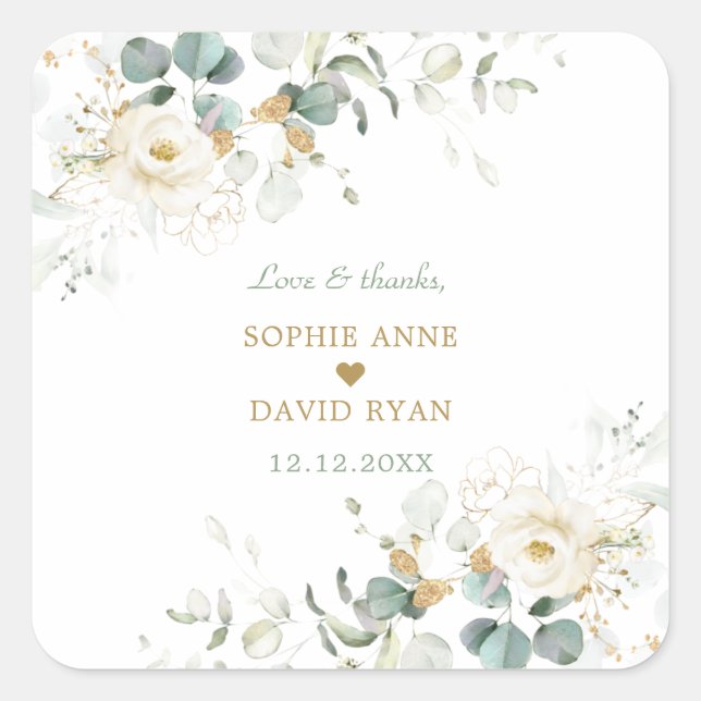 Sticker Carré Charmant blanc Floral Feuille Mariage (Devant)