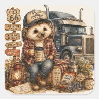 Sticker Carré Charmant conducteur de camion hérisson aquarelle