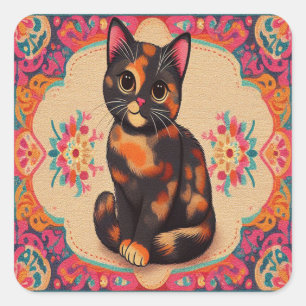 Sticker Carré Charmant Cute Tortoiseshell Chat Vibrant frontière